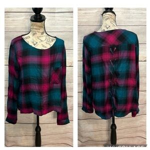 Cloth & Stone Flannel Shirt Lace-Up Back NWT Plaid Chest Pocket Size Large